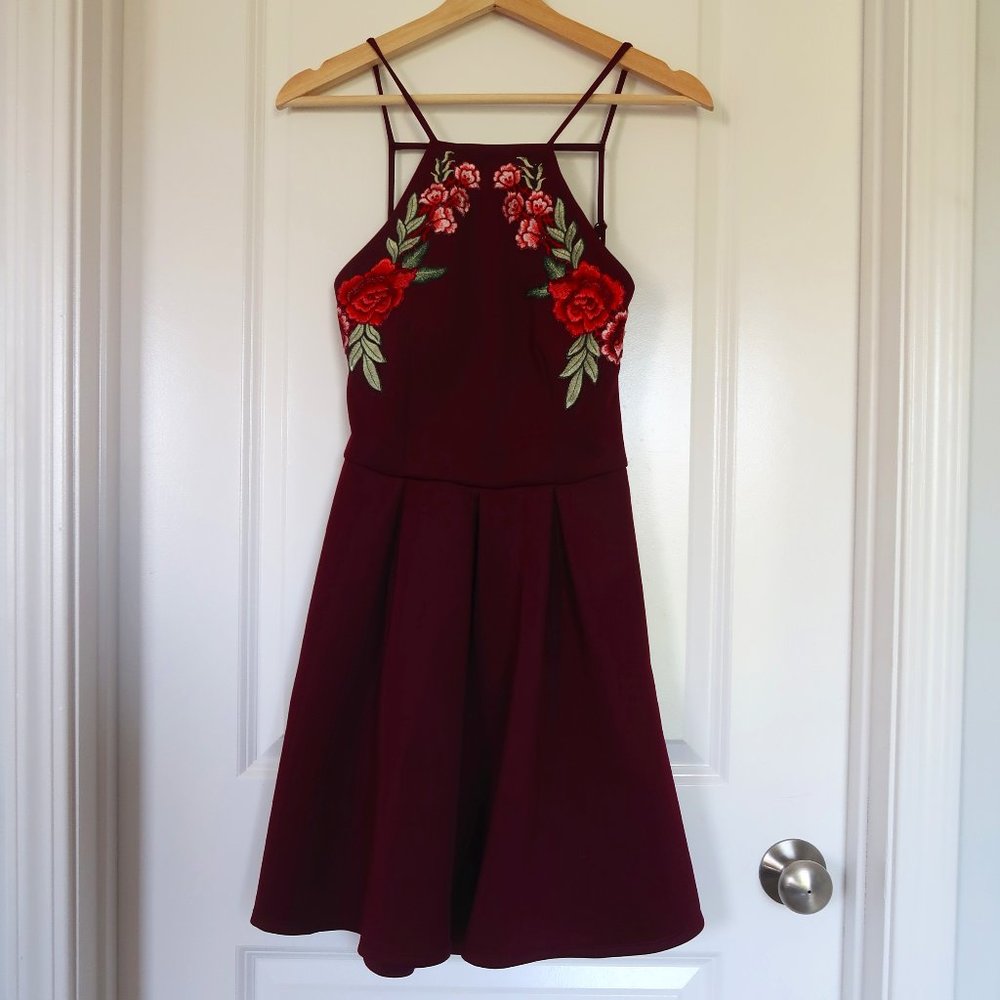 Open Back Maroon Dress with Floral Detailing